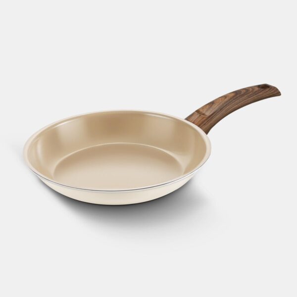Ceramic Nonstick Frying Pan with Three Ply Stainless Steel Construction and Wooden Handle
