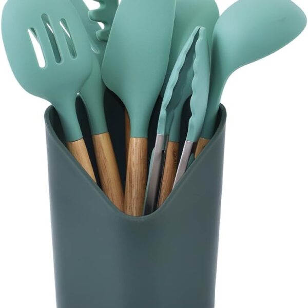 Silicone Kitchen Utensil Set Wooden Handles Includes Turner Ladle Spoons Tongs And Spaghetti Server