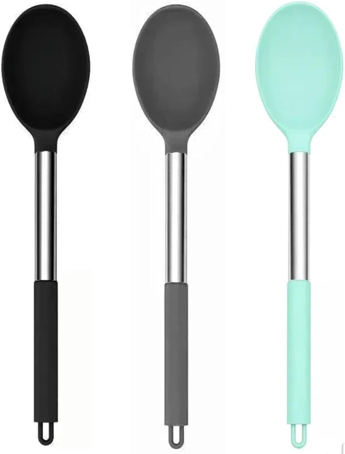 Silicone Solid Cooking Spoon Set Stainless Steel Handle Heat Resistant