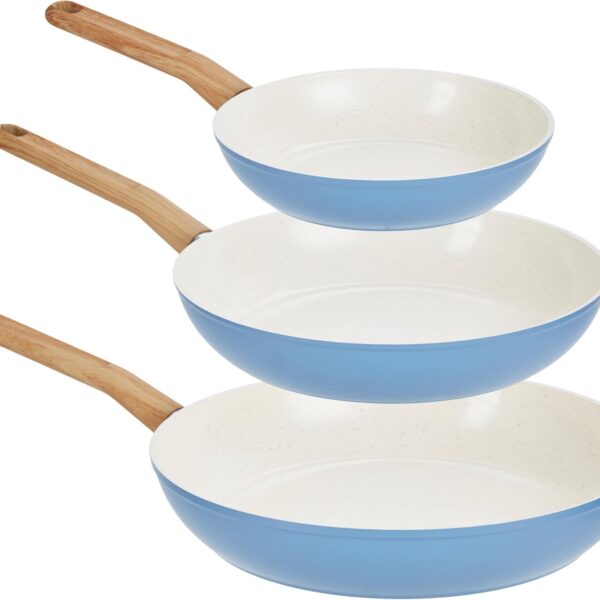 Three Piece Titanium Infused Ceramic Fry Pan Set with Wood Look Handle