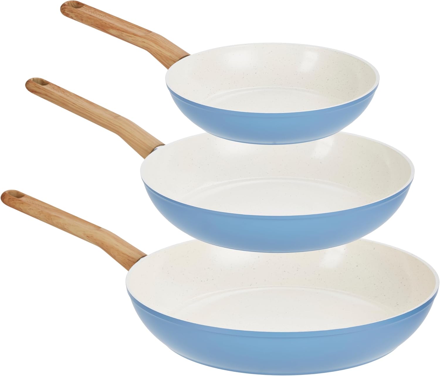 Three Piece Titanium Infused Ceramic Fry Pan Set with Wood Look Handle