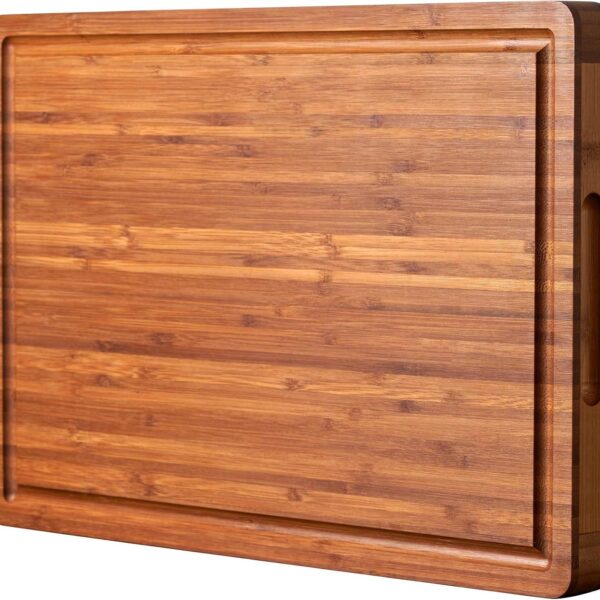 Thick Organic Bamboo Cutting Board with Juice Groove and Hidden Handles