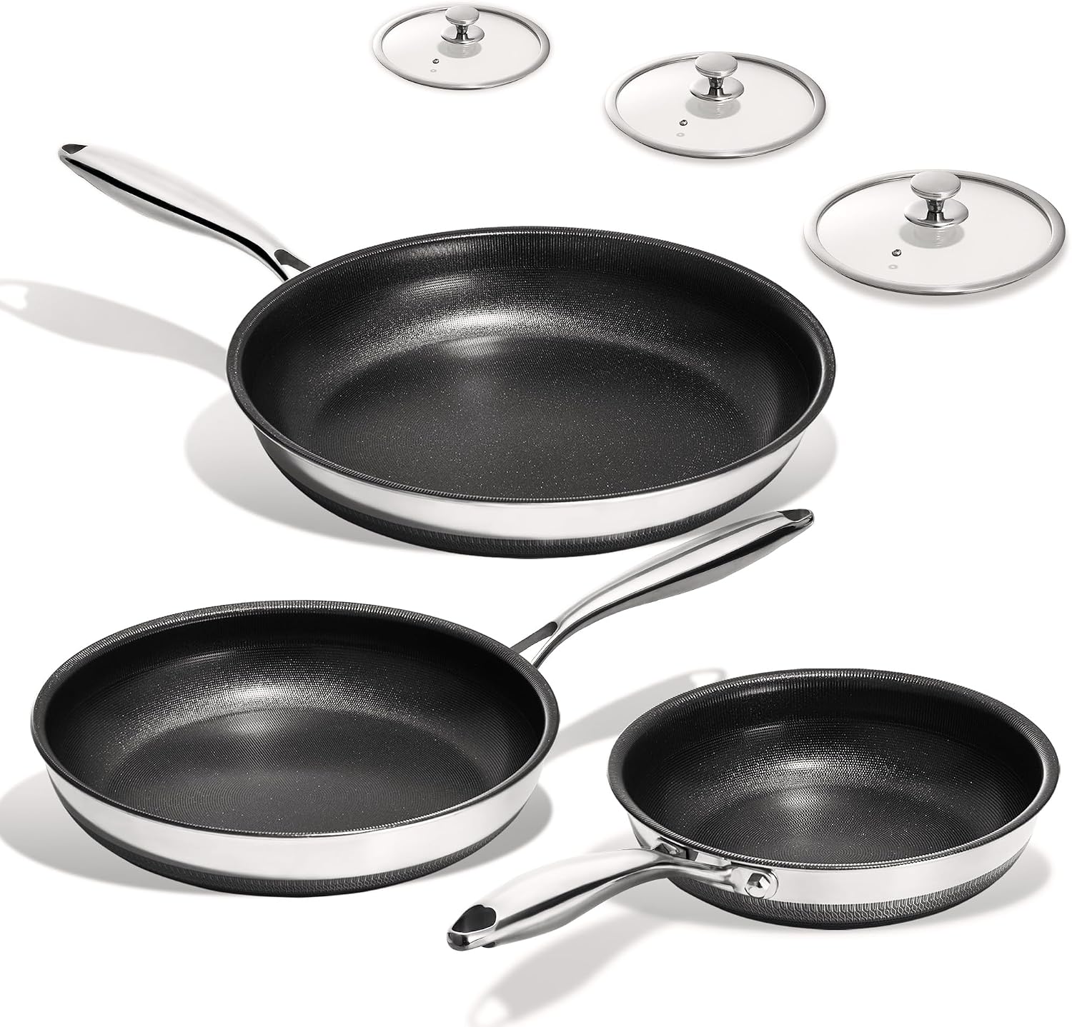 Titanium Ceramic Nonstick Frying Pan Set with Five Layer Structure and Glass Lids