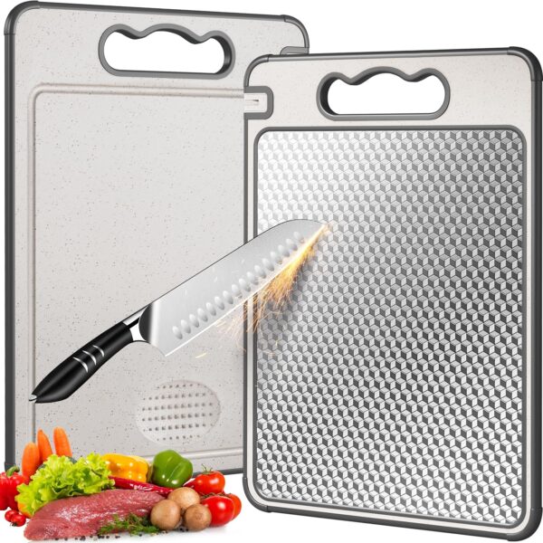 Double Sided Stainless Steel and Wheat Straw Cutting Board with Silicone Edge